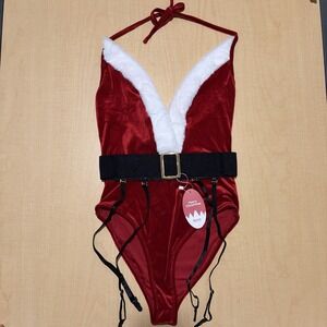 NWT Christmas Women Sexy Lingerie Santa Red Bodysuit, Garter and Straps Sz Small